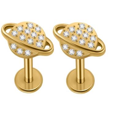 Imagem de Piercingpops 2 peças Planet Heart Cubic Zirconia Labret 16 g Piercing minúsculo G23 titânio Flat Back Cartilage Tragus Conch Helix Climber Brincos Lip Monroe para mulheres ou homens (planeta dourado)