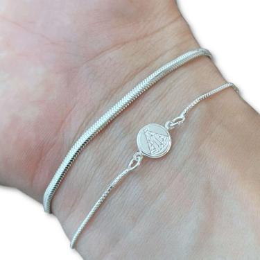Imagem de 2 Pulseiras Femininas Lacraia N Senhora Aparecida Prata 925 - Hakuna J