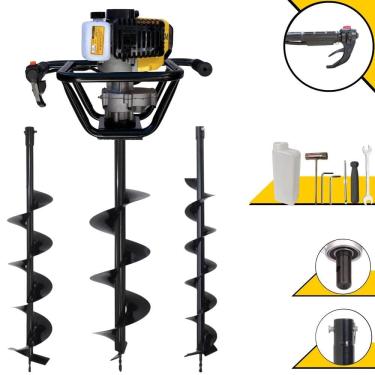 Imagem de Perfurador de Solo Lynus PSL-517 À Gasolina 2T 52cc 1,8HP Profissional de Alta Rotação Com KIT de Brocas 80x10cm, 80x15cm e 80x20cm