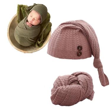 Imagem de RUZHILING Envoltório para fotografia de bebê recém-nascido com chapéu de cauda longa, roupas de crochê para meninos e meninas (rosa)