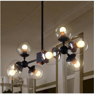 Imagem de Lustre moderno de vidro redondo bola lustre iluminação industrial ferro lustres sala estar quarto luminárias decoração casa lâmpada, âmbar branco frio led 8 cabeças