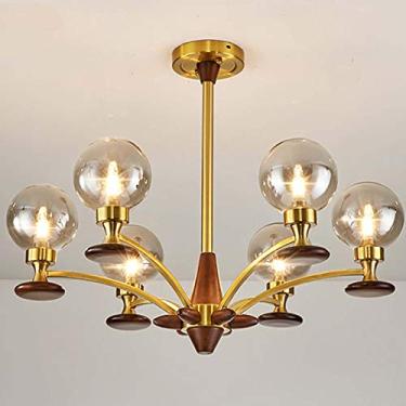 Imagem de Lustre Sputnik de metal dourado vintage com decoração em madeira e cúpulas de vidro, luminária suspensa moderna para ilha de cozinha, sala de jantar, bar, 3 luzes, base de cobre, nogueira e