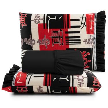 Imagem de Jogo Cama Lençol Fiore Queen Estampado 180 Fios 100% Algodão com Babadinho 3 Peças Preto Oriental Japonês