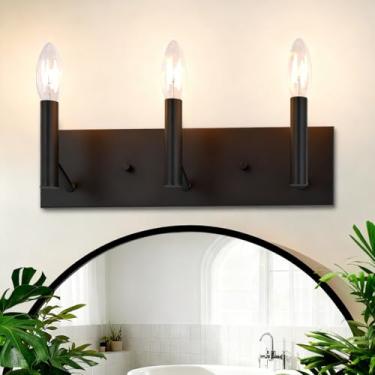 Imagem de Kalium Luminária de banheiro de 3 luzes, luminárias de banheiro modernas em preto fosco sobre espelho, arandelas de parede para espelho, sala de estar, quarto