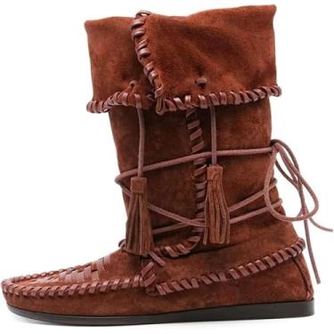 Imagem de Bota feminina de camurça, cano baixo, dobrável, com borlas chicoteadas, botas ocidentais, cano médio, botas curtas para mulheres, Marrom, 36