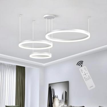 Imagem de Lustre LED moderno com controle remoto, pendente circular regulável para cozinha, sala de jantar e sala de estar, 3 anéis (40+60+80 cm, branco)