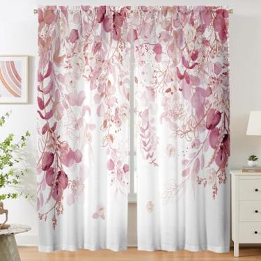 Imagem de Cortinas transparentes de folha floral rosa para quarto de meninas, privacidade de filtragem de luz de fazenda botânica, semitransparentes, fofas, cortinas rosa claro para berçário de crianças 213 cm