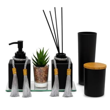 Imagem de 【Cozena】Kit Lavabo Luxo de Vidro C/Difusor Aromatizador, Saboneteira - (Preto)