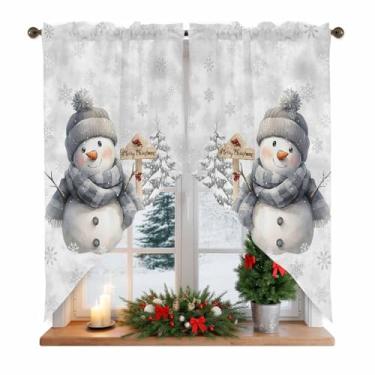 Imagem de Cortina de Natal estilo boneco de neve fofo para janela de cozinha, janela de inverno, tratamento de sanefas para banheiro, sala de estar, 2 painéis, L 71 x C 91 cm
