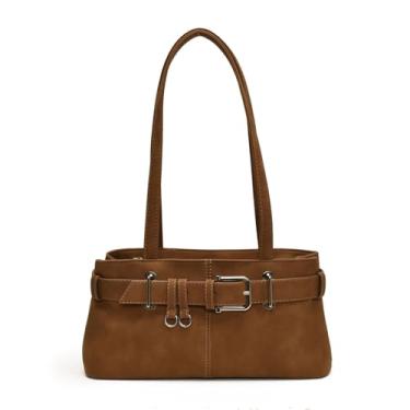 Imagem de JYG Bolsa de ombro feminina vintage Y2K Hobo com fivela de cinto pequena bolsa de mão de couro PU nas axilas, Marrom