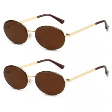 Imagem de HCHES Óculos de sol vintage de metal oval com armação pequena retrô, proteção UV400, para homens e mulheres, moda (2C2)
