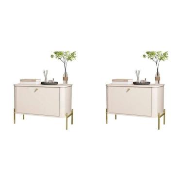 Imagem de Conjunto com 2 Mesas de Cabeceira Curva 1 Porta Pés e Puxadores em Metal 76cm Tucupí Off White/Dourado