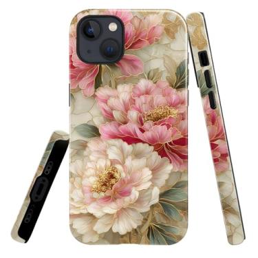 Imagem de heindiy Compatível com iPhone 15 Plus, capa brilhante, proteção total, à prova de choque, anti-arranhões, capa de TPU, capas para homens e mulheres - estilo vintage de peônia com vitral