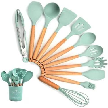 Imagem de Kit 12 Peças De Silicone-madeira Talher Escumadeira Utensilio Cozinha - Verde água