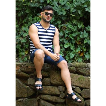 Imagem de Regata Pau a Pique listrada machão Azul Marinho e Branco