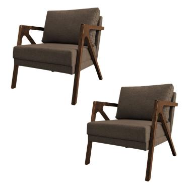 Imagem de Kit 2 Poltronas Mona Monique Luxo Base Madeira Maciça Mel Linho Marrom