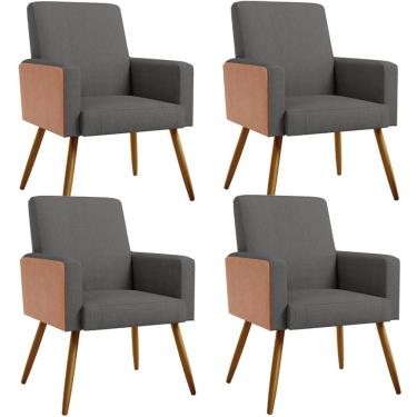 Imagem de Kit 04 Poltronas Decorativa Maria W01 Pés Palito Linho Cinza Escuro Couríssimo Camel - Lyam Decor