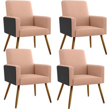 Imagem de Kit 04 Poltronas Decorativa Maria W01 Pés Palito Linho Rosê Couríssimo Preto - Lyam Decor