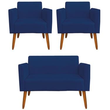 Imagem de Conjunto Namoradeira e 2 Poltronas Decorativas Isabella Pés Palito Madeira Suede Azul Marinho - Gran Belo