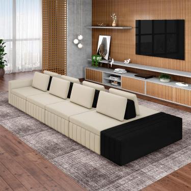 Imagem de Sofá Ilha com Encosto e Almofadas Móveis Olimpo 465cm Modulado Linho/PU Bege/Preto G45 - Gran Belo