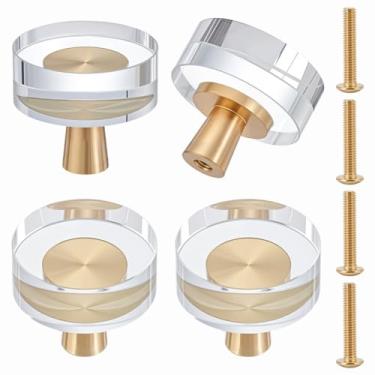 Imagem de GOMAKERER 4 maçanetas de armário de cristal de latão, maçanetas planas redondas douradas para cômoda de cozinha, puxadores de gaveta, ferragens de armário, puxador de cristal de vidro para armário de