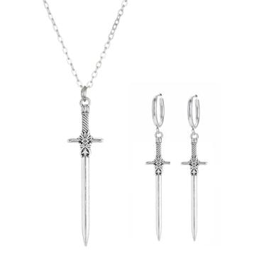 Imagem de Conjunto de brincos de colar de cruz de espada punk, retrô, longo, com pingente, faca, punhal, vintage, prata, espada, argola, brincos góticos, conjunto de joias para homens e mulheres, acessórios de