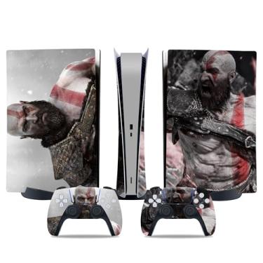 Imagem de MaD Vision® Conjunto de películas de vinil extraduráveis para PS5 Digital + 5 pares de anéis de mira | Kit de adesivos resistentes a arranhões para PlayStation 5 + 2 controles – para God of War|Design
