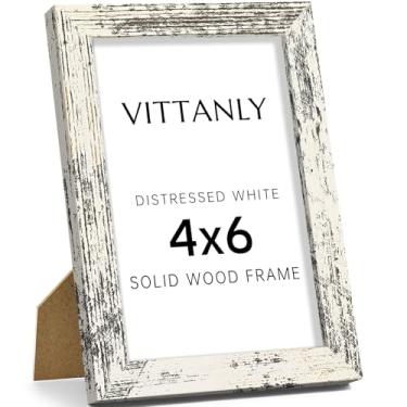 Imagem de Vittanly Porta-retrato 10 x 15 cm, moldura de madeira maciça com acrílico, inclui tapete de 9 x 12 cm, pendurar na parede ou mesa para decoração de casa, branco envelhecido, 1 pacote