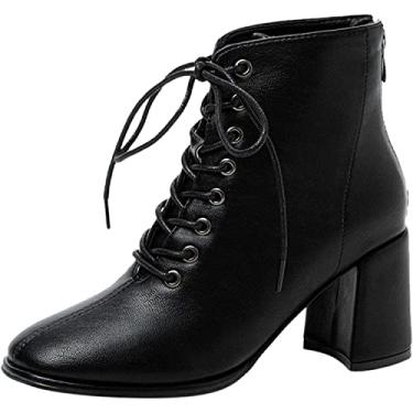 Imagem de Botas femininas de cano curto com cadarço nas costas com zíper salto grosso plataforma bico redondo botas cowboy escritório trabalho festa sapatos sociais, B02 Preto, 7