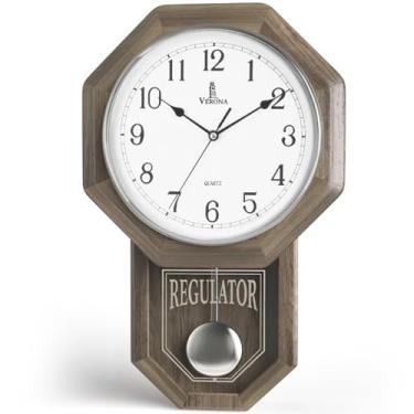 Imagem de Relógio de parede com pêndulo - Relógio regulador de madeira real - Rústico, design de casa de fazenda - silencioso, sem carrilhão, de madeira e operado a bateria - decoração decorativa de cinza cinza