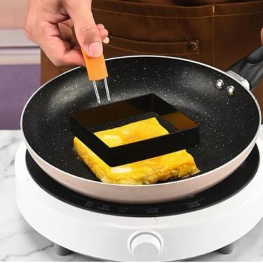 Imagem de Anel de ovo quadrado de aço inoxidável de 10 cm, forma antiaderente com alça de silicone laranja, molde redondo para muffins ingleses