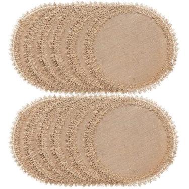Imagem de FunWheat Jogo americano trançado redondo de serapilheira, conjunto de 12 para mesas de jantar, tapetes de mesa de juta resistentes ao calor de 38 cm de tecido de fazenda (renda de juta marrom)