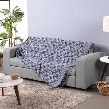 Imagem de Manta Xale Decorativa Luxor, Tecido Jacquard Geométrico, Cinza e Branco, 210 x 135 cm, com Franjas, Dupla Face, para Sofá e Poltrona (Azul Palmeira)