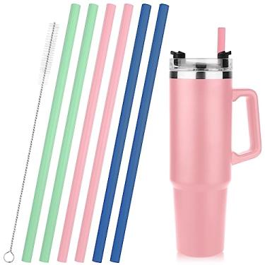 Imagem de 6 canudos de silicone, conjunto de canudos de silicone com escova de limpeza, canudos de substituição reutilizáveis, canudos de silicone coloridos para copo Stanley
