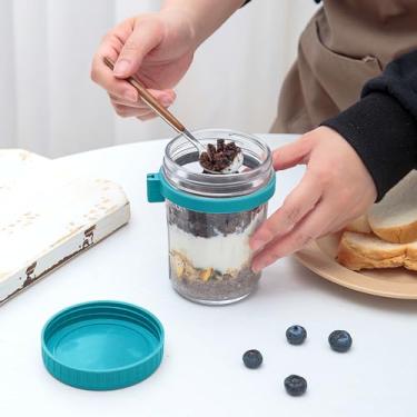 Imagem de Copo de vidro noturno de aveia com tampa e colher, copo de café da manhã leve selado, leite portátil, salada, copo de iogurte - copo de aveia verde 350 ml