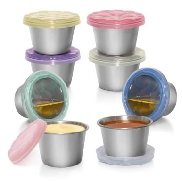 Imagem de WANHMIF Pacote com 8 recipientes para molho de salada de 68 g para viagem, recipiente pequeno à prova de vazamento com tampas de silicone transparentes, recipientes de molho de aço inoxidável