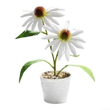 Imagem de Flor artificial equinácea de duas cabeças pequeno bonsai em vaso decoração de casa planta verde artificial flor artificial festa de casamento ornamentos internos plantas falsas dentro de casa