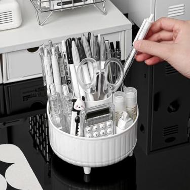 Imagem de Suporte giratório de 360° para pincéis de maquiagem e organizador de mesa – Organizador de maquiagem de bancada com 7 compartimentos para cosméticos, canetas, escritório e materiais de arte (branco)