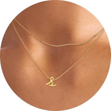 Imagem de Colar feminino com inicial em camadas, pingente de letra A-Z, gargantilha de corrente dupla, joias delicadas em camadas, estilo minimalista, 14+2in/16+2in, Aço inoxidável, Sem Pedra Preciosa