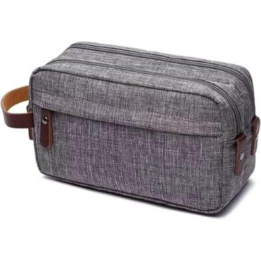 Imagem de Necessaire Masculina para Viagem Nylon com Alça em Couro | Lateral Dois Compartimentos | Bolsa de Toilette Executiva | Organizador Perfumes Shampoo | Trabalho | Unissex | Estojo Grande (CINZA)