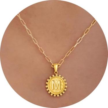 Imagem de Colar com inicial para mulheres, colar com pingente de letra, corrente de clipe de papel, joia de monograma, moeda do alfabeto, pronto em camadas, 14+2in, Aço inoxidável, Sem Pedra Preciosa