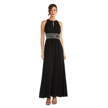 Imagem de R&M Richards Vestido longo feminino frente única com gola cavada - vestido de noite com cintura e fenda frontal - roupa de convidada para coquetel e casamento, Preto, 50