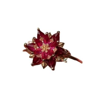 Imagem de Anel de flor de lótus de zircônia cúbica vermelha vintage feito à mão para mulheres, joia floral de pedra do mês de nascimento dourado prateado, 8, Aço inoxidável, Sem pedra preciosa