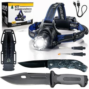 Imagem de Kit Tático Sobrevivência Lanterna LED De Cabeça Facas Táticas Aço Canivete Dobrável Pederneira Faca Camping Pesca Caça Militar Aventura Emergência