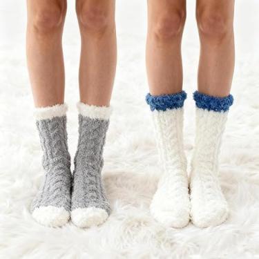 Imagem de 2 peças de meias femininas de algodão quentes de inverno de pelúcia: meias confortáveis e fofas para o inverno, presentes de casa macios e quentes, Branco + cinza 1, One Size