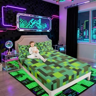 Imagem de Jogo de cama infantil Pixel Grid Miners, tamanho casal, geométrico, patchwork, pixelado, gamepad, videogame, decoração de quarto, verde ciano, 2 fronhas (não planas)