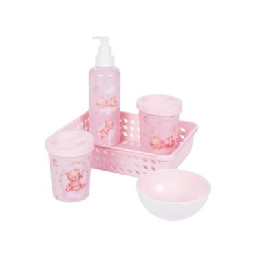 Imagem de KIT HIGIENE BEBÊ 5 PEÇAS PLASUTIL BABY URSO ORGANIZADOR INFANTIL PORTA ALGODÃO (Ursa Rosa)