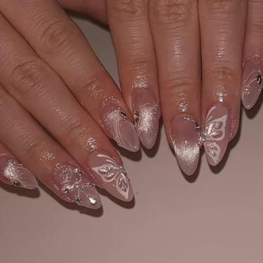 Imagem de Pressionar unhas curtas médias amêndoas olho de gato com cola falsa com design requintado de borboleta strass, cobertura total, bastão falso artificial em unha de acrílico para mulheres, 24 peças