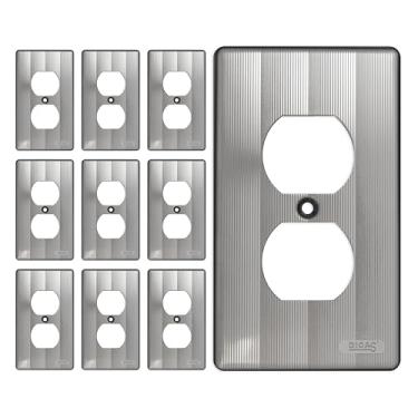 Imagem de DICAS Pacote com 10 placas de interruptor de aço inoxidável #304, tampa de tomada elétrica de metal com receptáculo duplex, decoração de casa, tamanho padrão 1 grupo 12 x 7 cm, estilo listrado