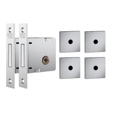 Imagem de Fechadura Auxiliar Stam 1004 Tetra Roseta Quadrada Inox Escovado Kit 2